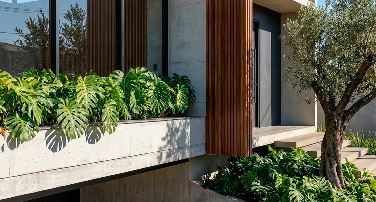 Detalhe da fachada da Casa Albora em madeira e concreto